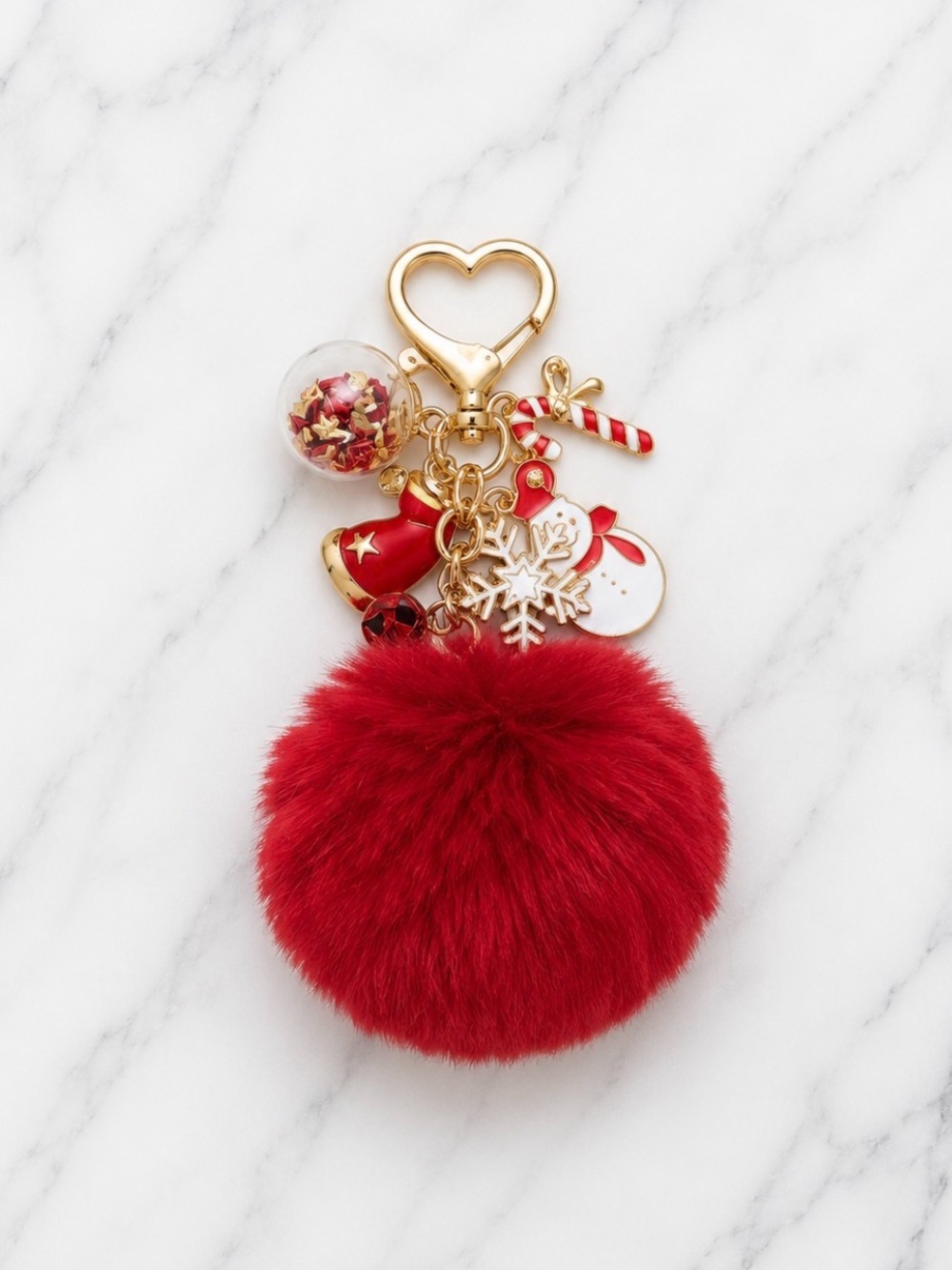 Red Holiday Pom Pom Bag Charm/Keyring-Snowman & Holiday Charms -Gold Hardware